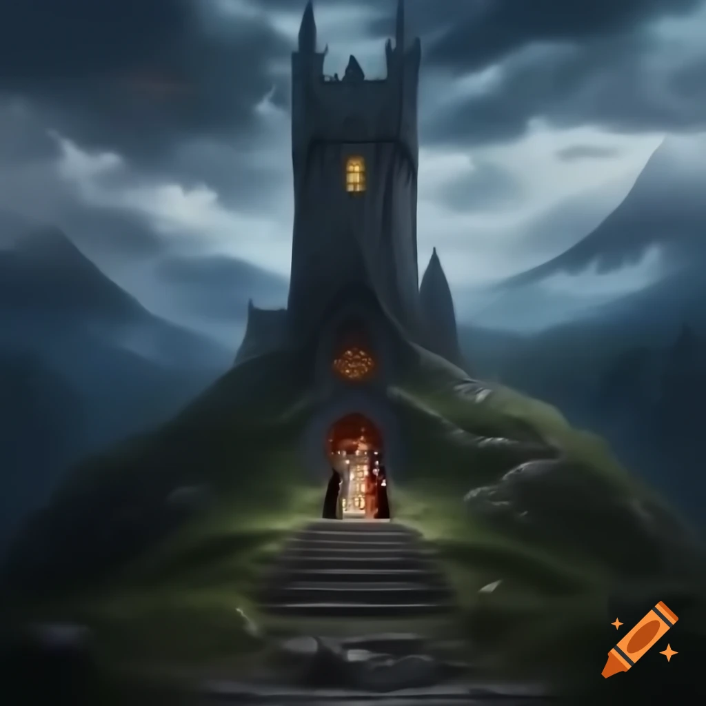 Gothic vampire tower on hill with male vampire and zombies in Dungeons and Dragons style