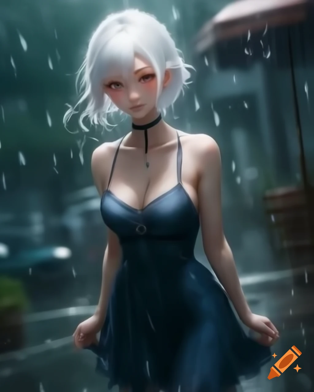 Anime woman with white hair and dress on a rainy day
