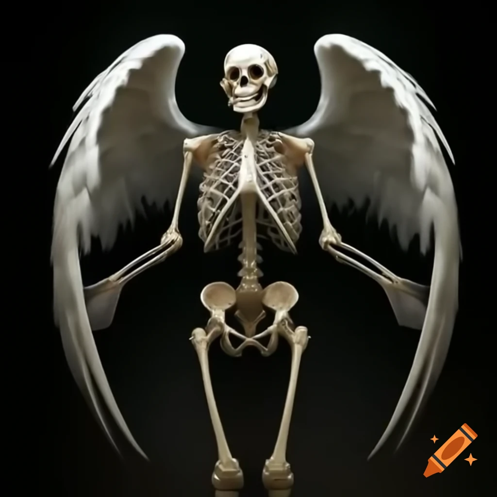 Skeleton with angel wings reaching upwards