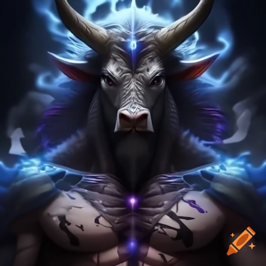 Imposing character with bull-like horns and glowing energy, featuring a climbing rope