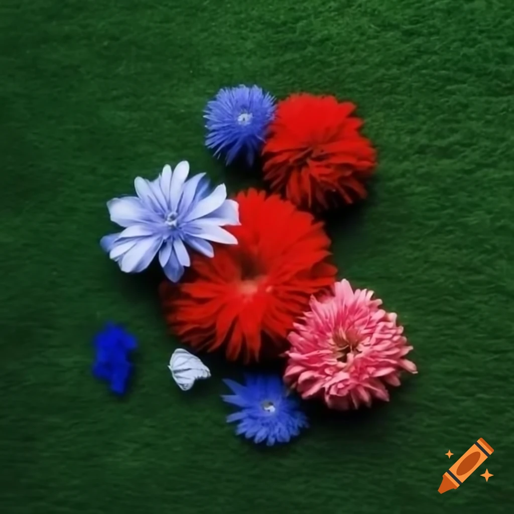 Red, white, and blue flowers scattered on green grass