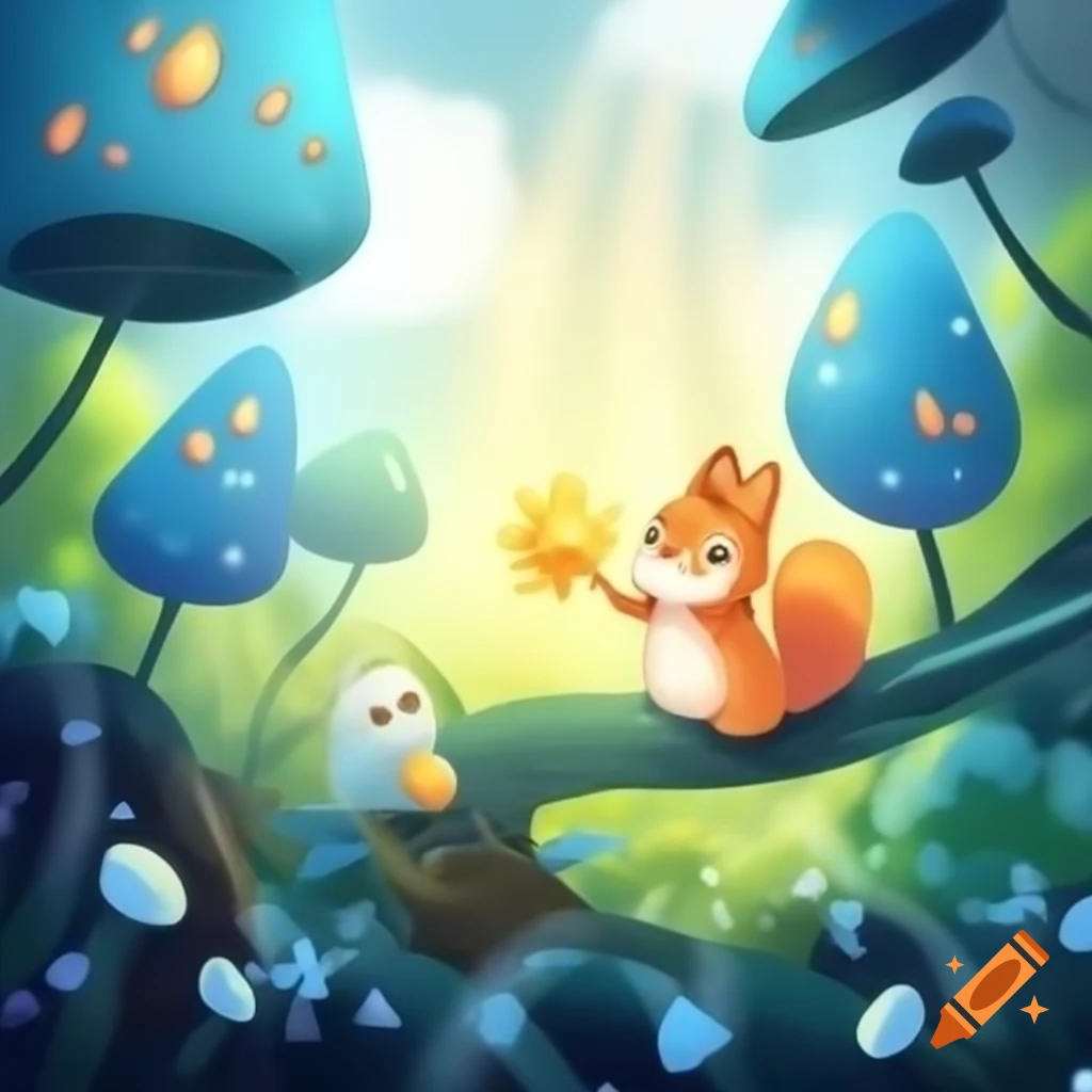 Enchanting forest clearing with dappled sunlight and blue sky