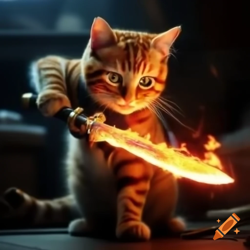 Orange tabby cat wielding a flaming sword
