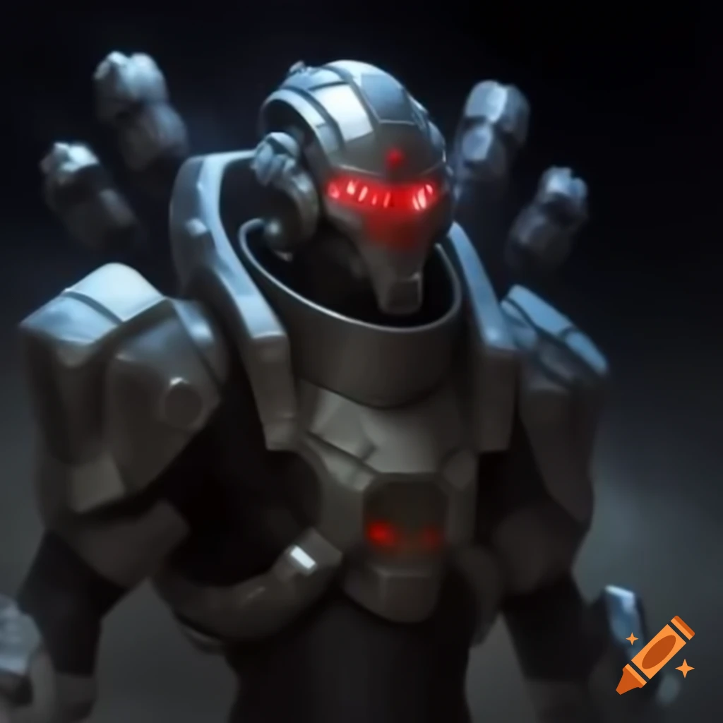 Man in futuristic silver armor with red visor and mechanical tentacles