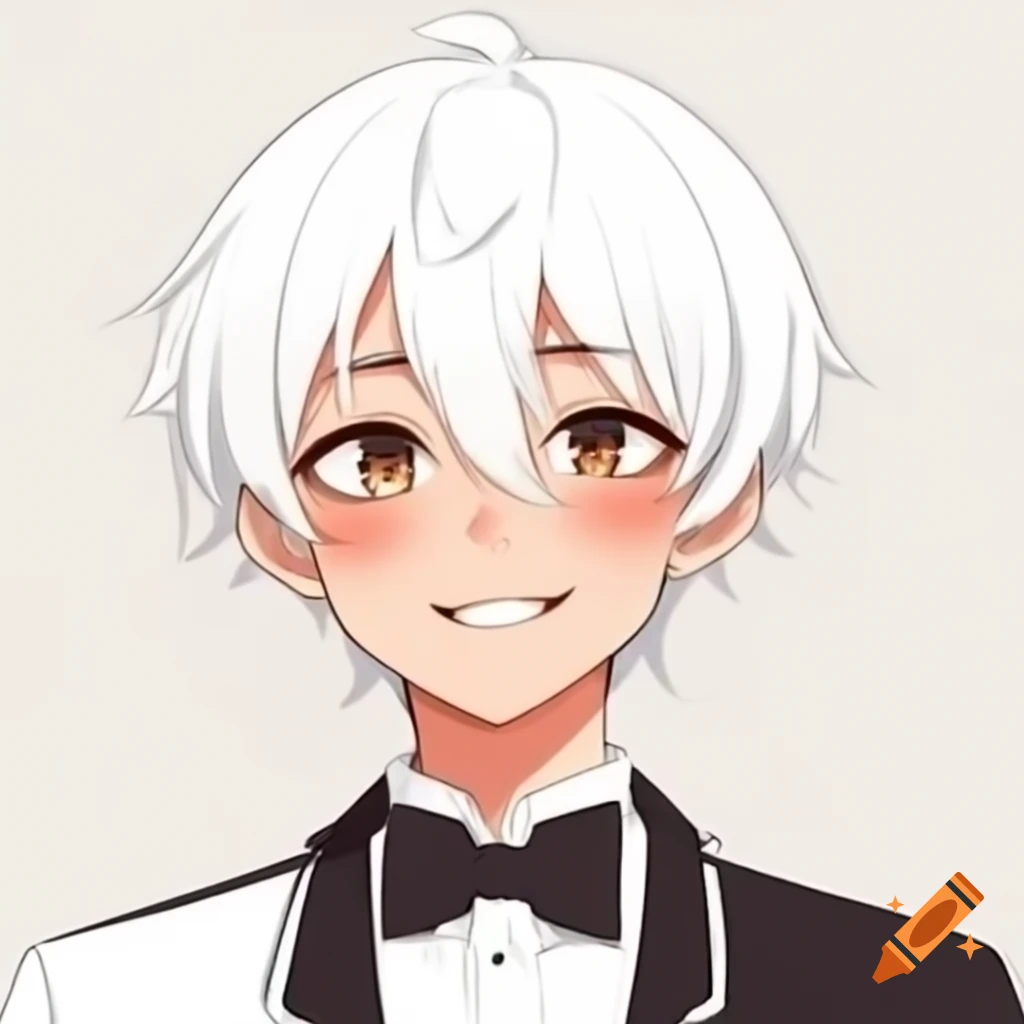 Smiling male anime character with white hair, black eyes, and black bow tie