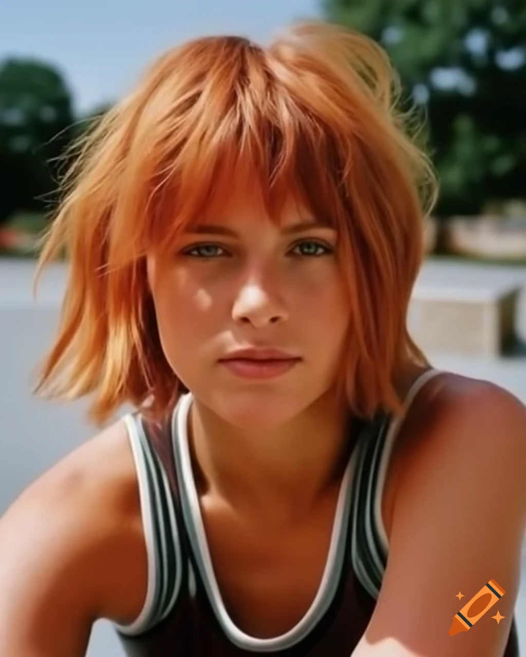 Blushing French female skater with ginger hair at skate-park, hyper-realistic detail