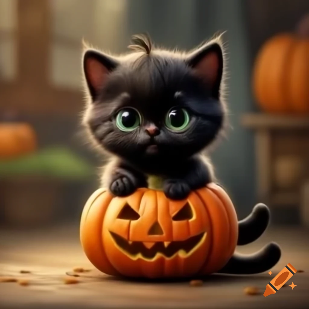 Cute black kitten holding a pumpkin