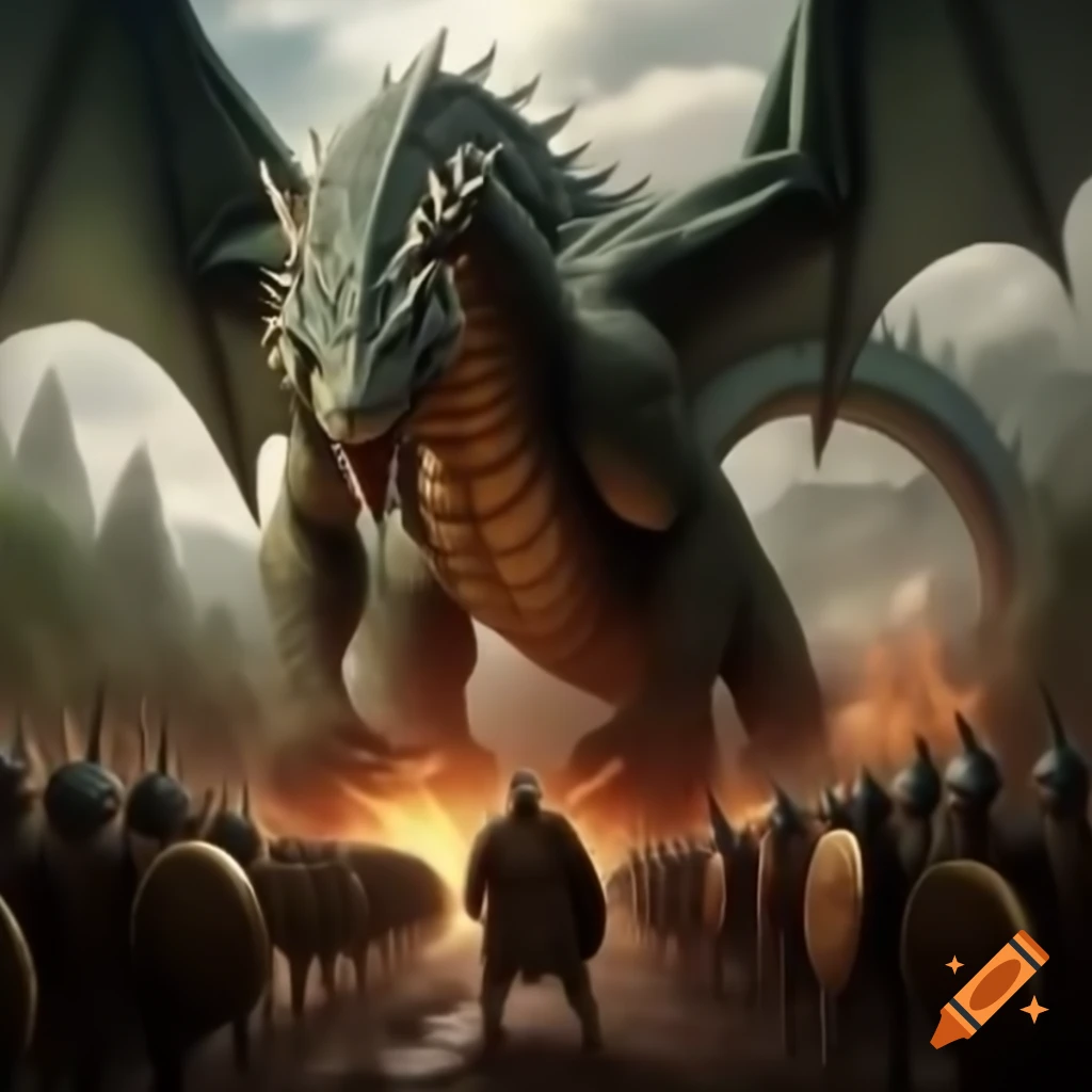 Ancient soldiers attacking a giant dragon