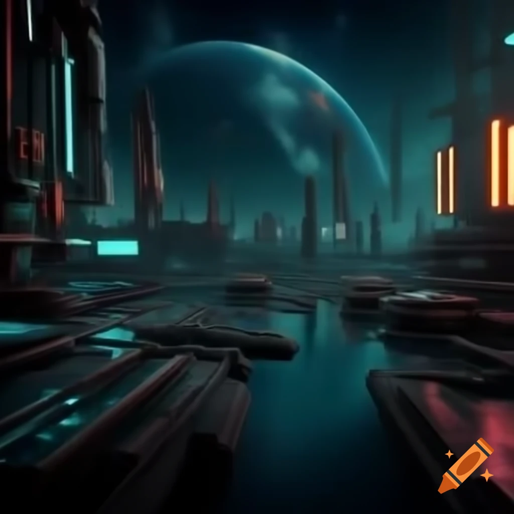 Realistic cyberpunk style space harbor