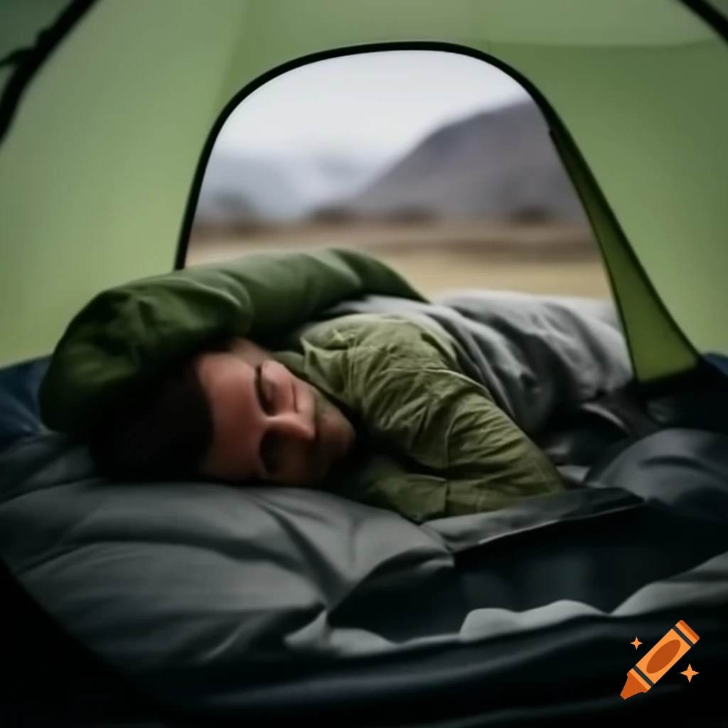 Camper setting up military green sleeping bag in tent