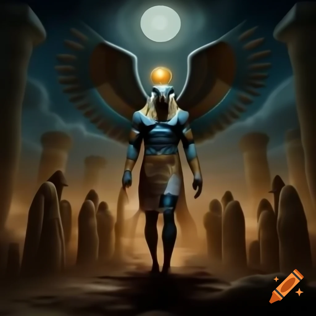 Ancient Egyptian night scene with god Ra, falcon-headed, traveling with followers