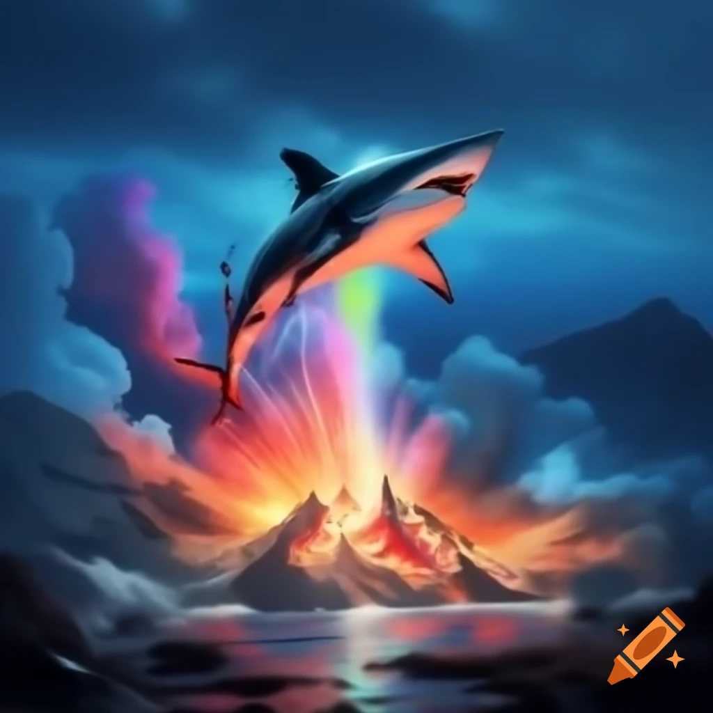 Shark riding a rocket towards a volcano with colorful rainbows