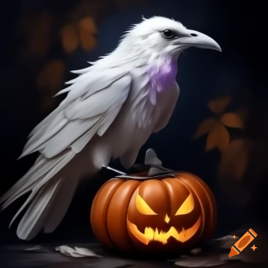 Realistic white raven beside purple pumpkin