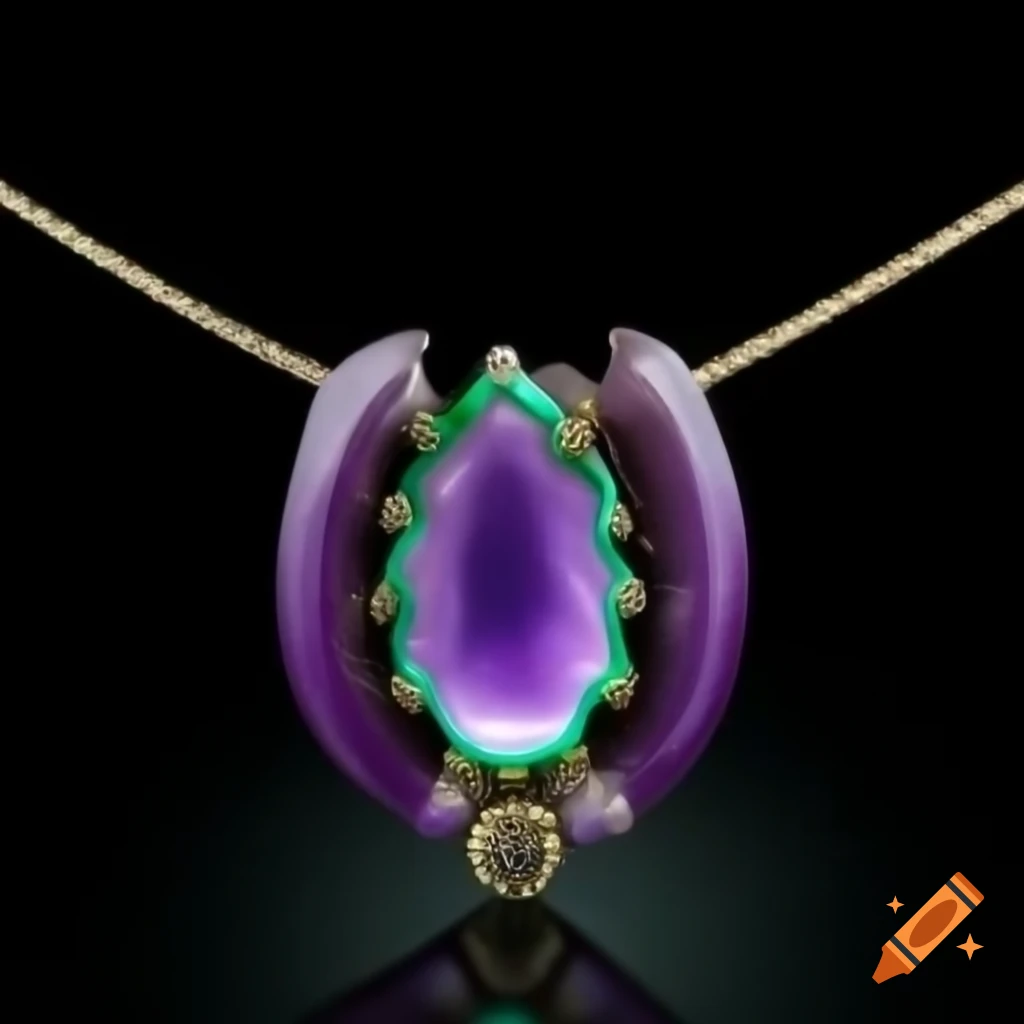Necklace featuring rare purple and green crystal shaped as a chaos angel