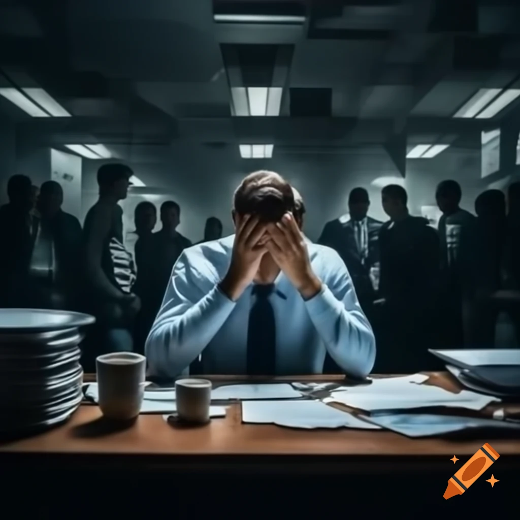 Stressed office worker in crowded dimly lit office, showing exhaustion and frustration