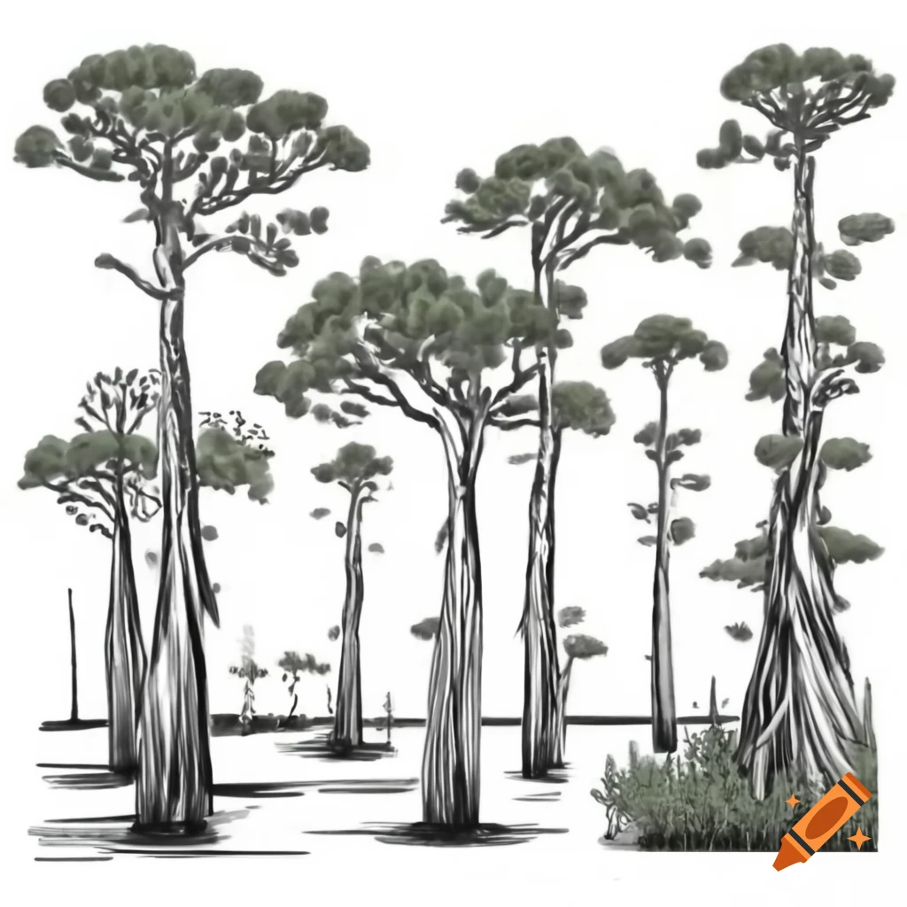 Everglades scenery featuring cypress trees, drawing