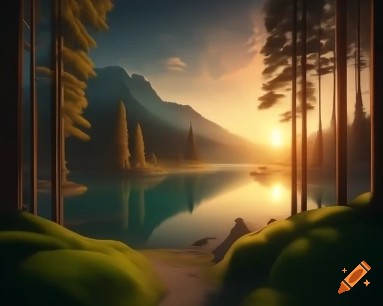 Surrealistic orange monster in forest by lake at sunset with reflections