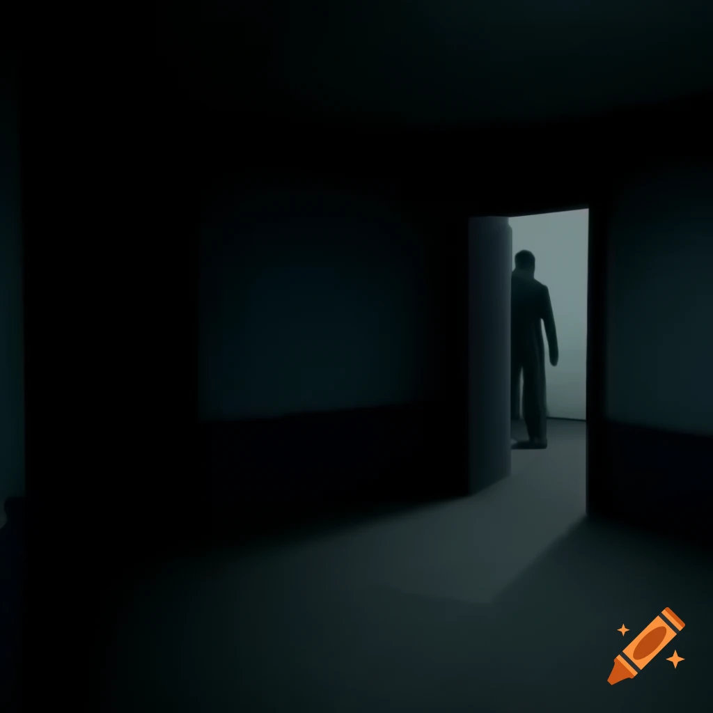 First person view of eerie liminal room with slightly open door, anaglyph 3D effect