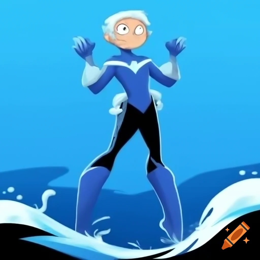 Cartoon superhero Mare Azul in blue and silver suit resembling ocean waves