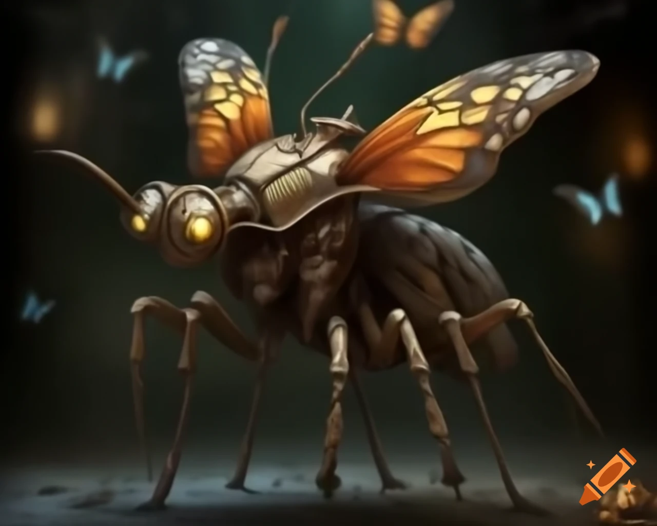 Steampunk butterfly insect with armor and mechanical elements