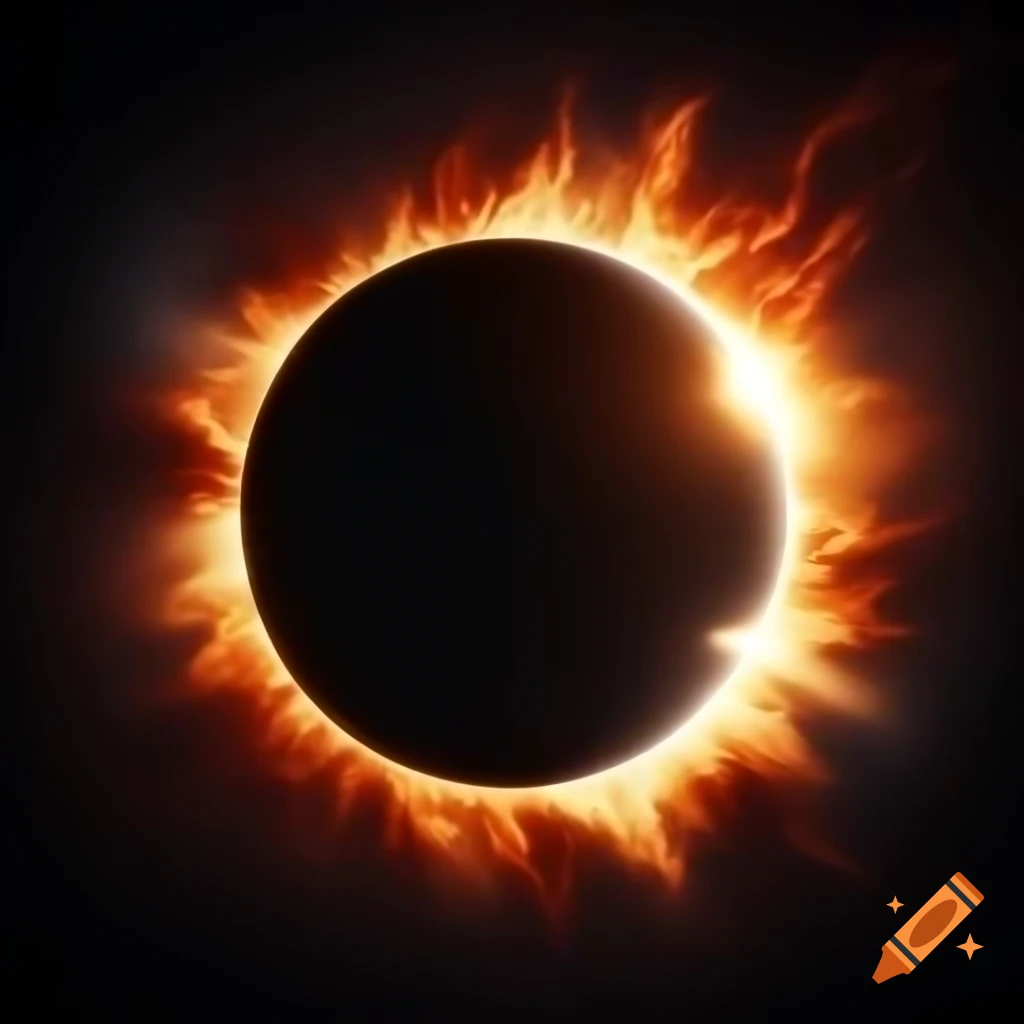Realistic fire solar eclipse on black background, detailed rendering