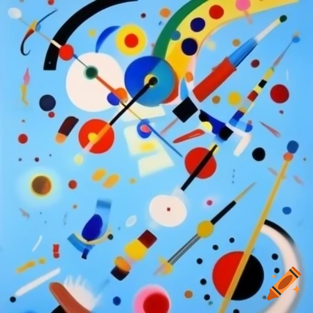 Colorful painting featuring bluish background, influenced by Kandinsky and Karel Appel