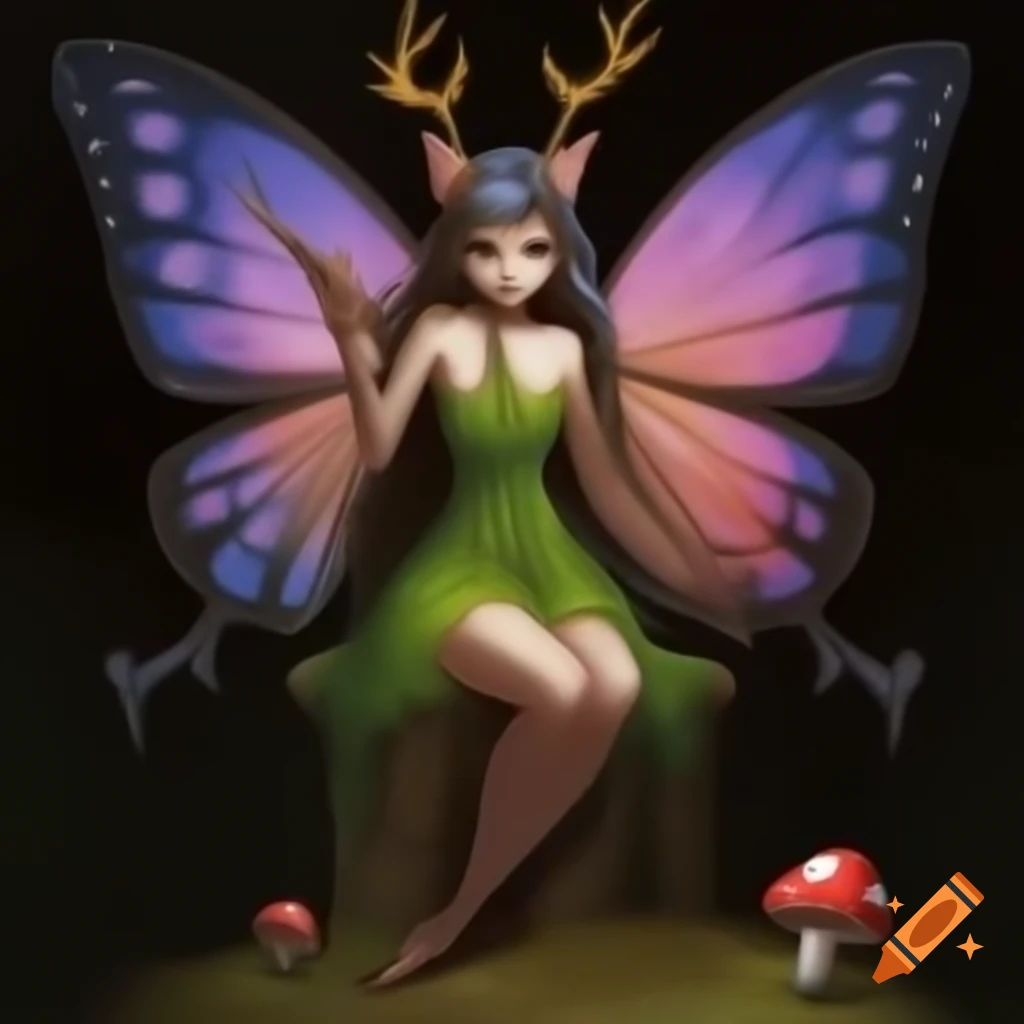 Evil fairy with butterfly wings, antlers, and mushroom dress