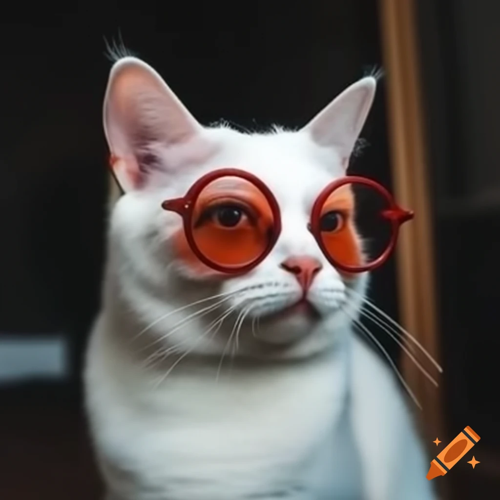 White cat wearing red glasses in profile view