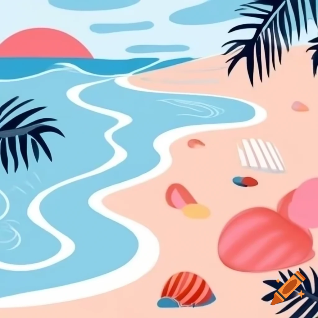 Serene beach scene with soft sand, oceanic blue and coral pink accents