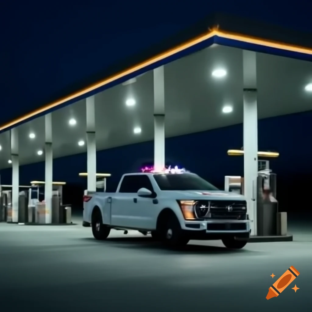 Modern gas station at evening with Sheriff's Office Ford F150 pickup parked