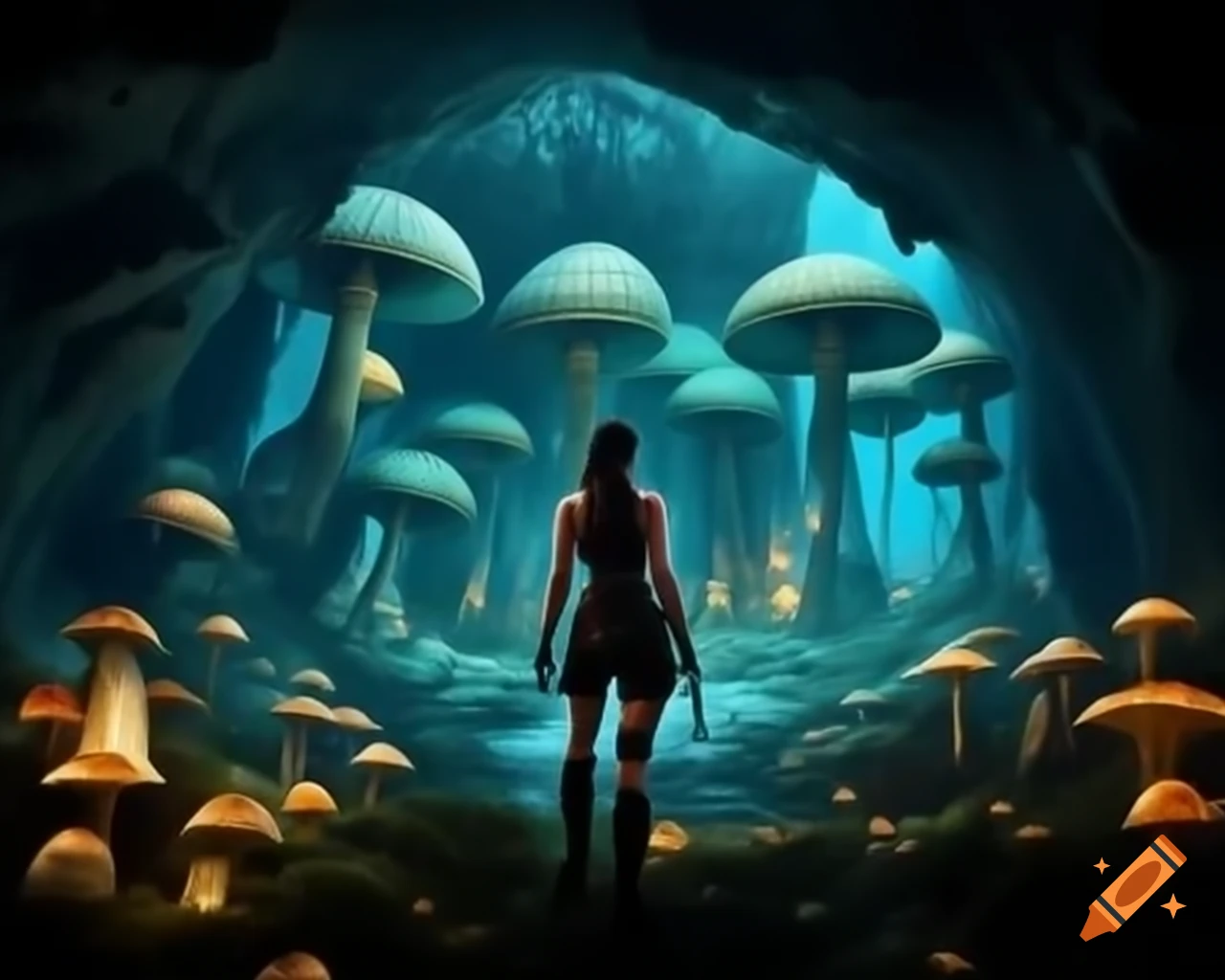 Lara Croft in cave with glowing mushrooms, hyper realism and dramatic lighting