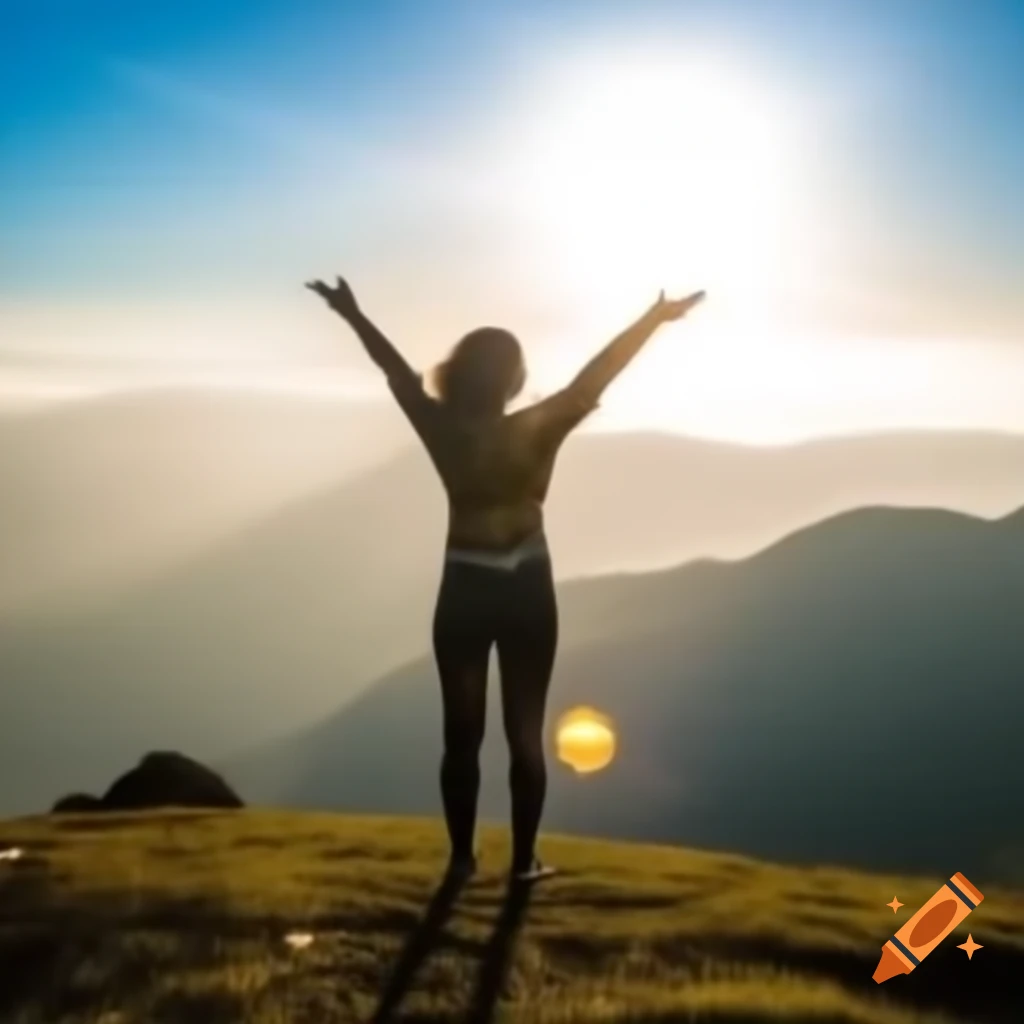 Female android smiling in the sun enjoying futuristic landscape