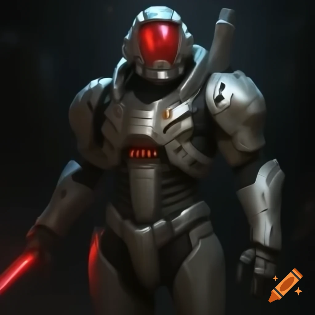 Man in futuristic silver armor with red visor and mechanical tentacles