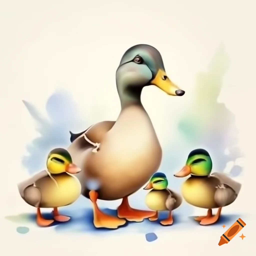 Cartoon duck with ducklings in watercolor style