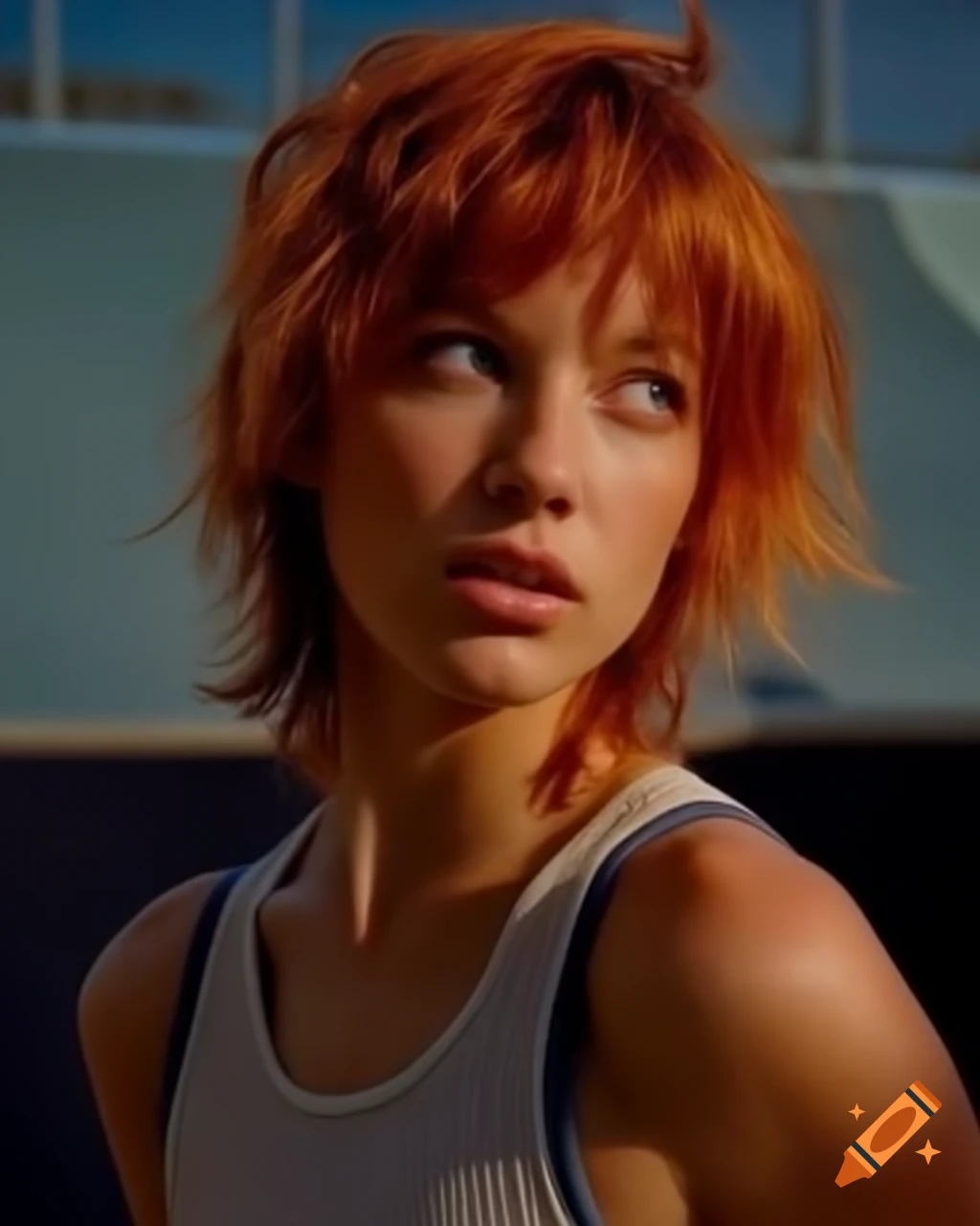 Hyper-realistic French female skater with ginger hair in tank top at skate-park