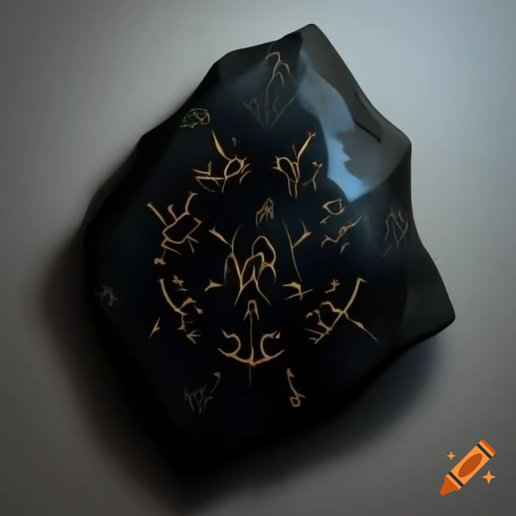 Jagged black stone featuring carved magical symbols