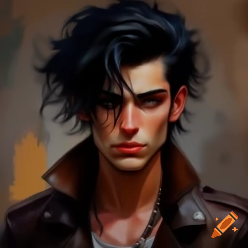 90s punk style individual with messy hair and leather jacket