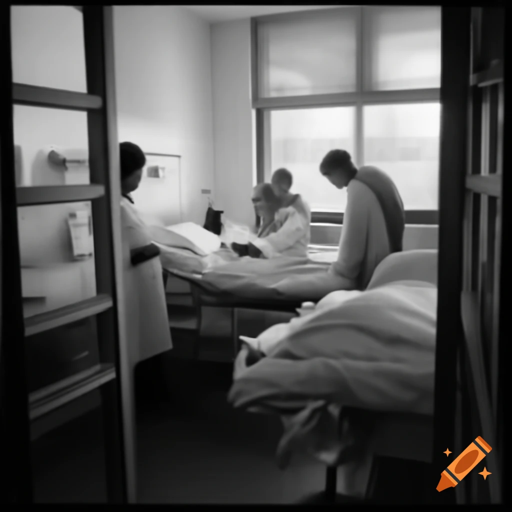 Hospital room with three patients and one caretaker