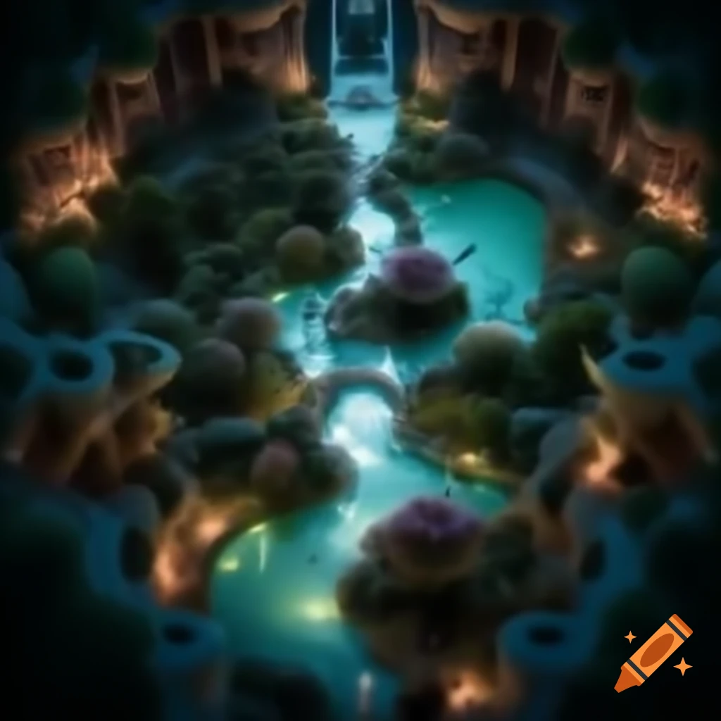 Vibrant gardens with bioluminescent flora and glowing pathways