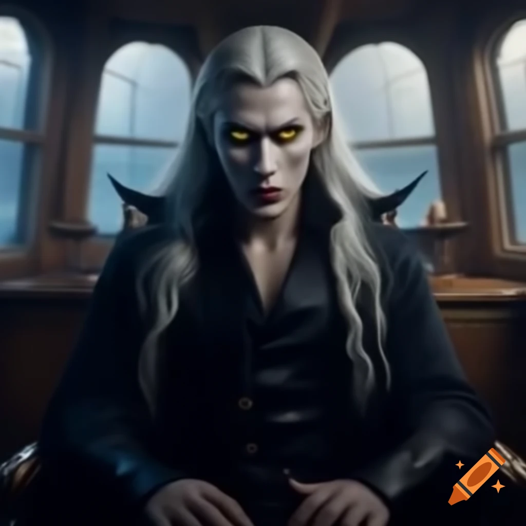 Young vampire prince with white hair and yellow eyes in black robe sitting in ship cabin