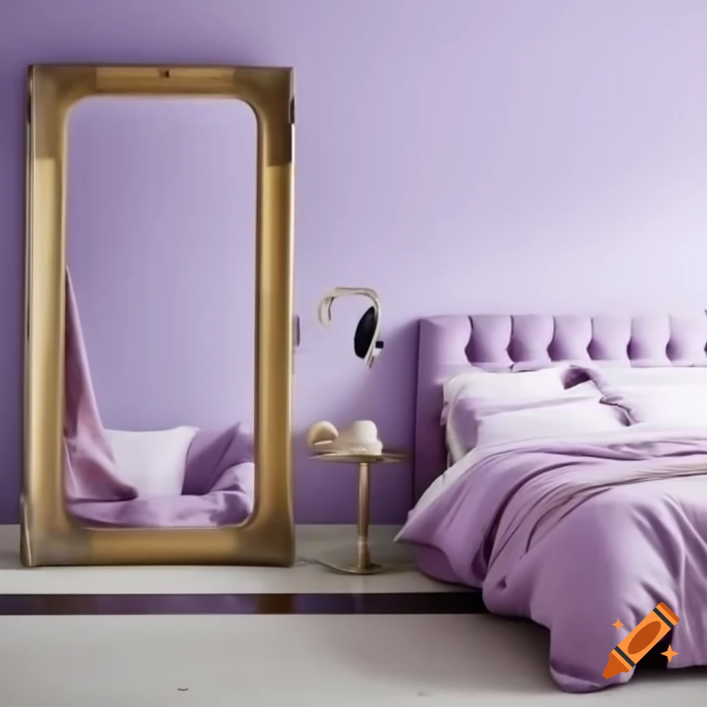 Lilac painted bedroom featuring a gold bed frame and accessories