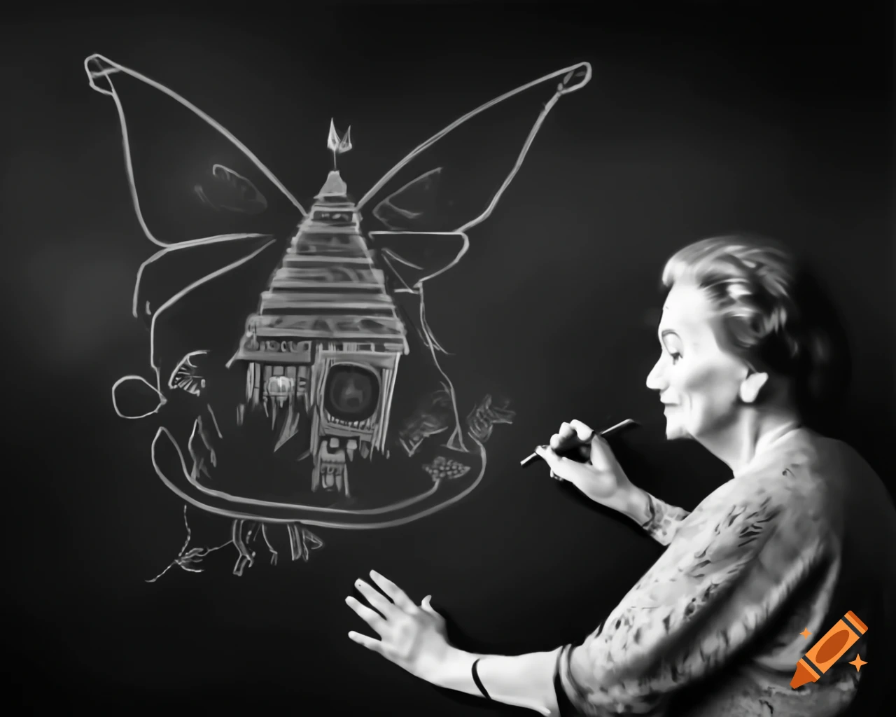 Old lady drawing a fairy house on a blackboard