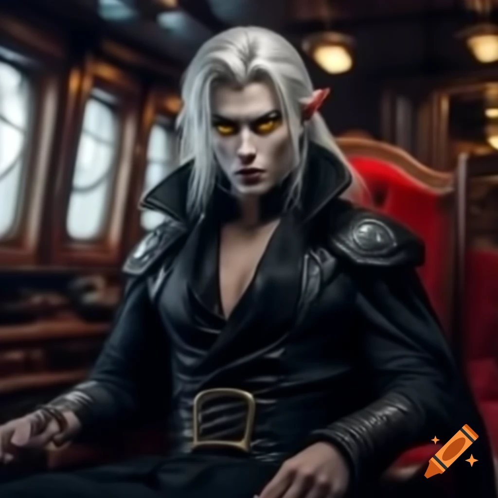 Young vampire prince with white hair and yellow eyes in black robe sitting in ship cabin
