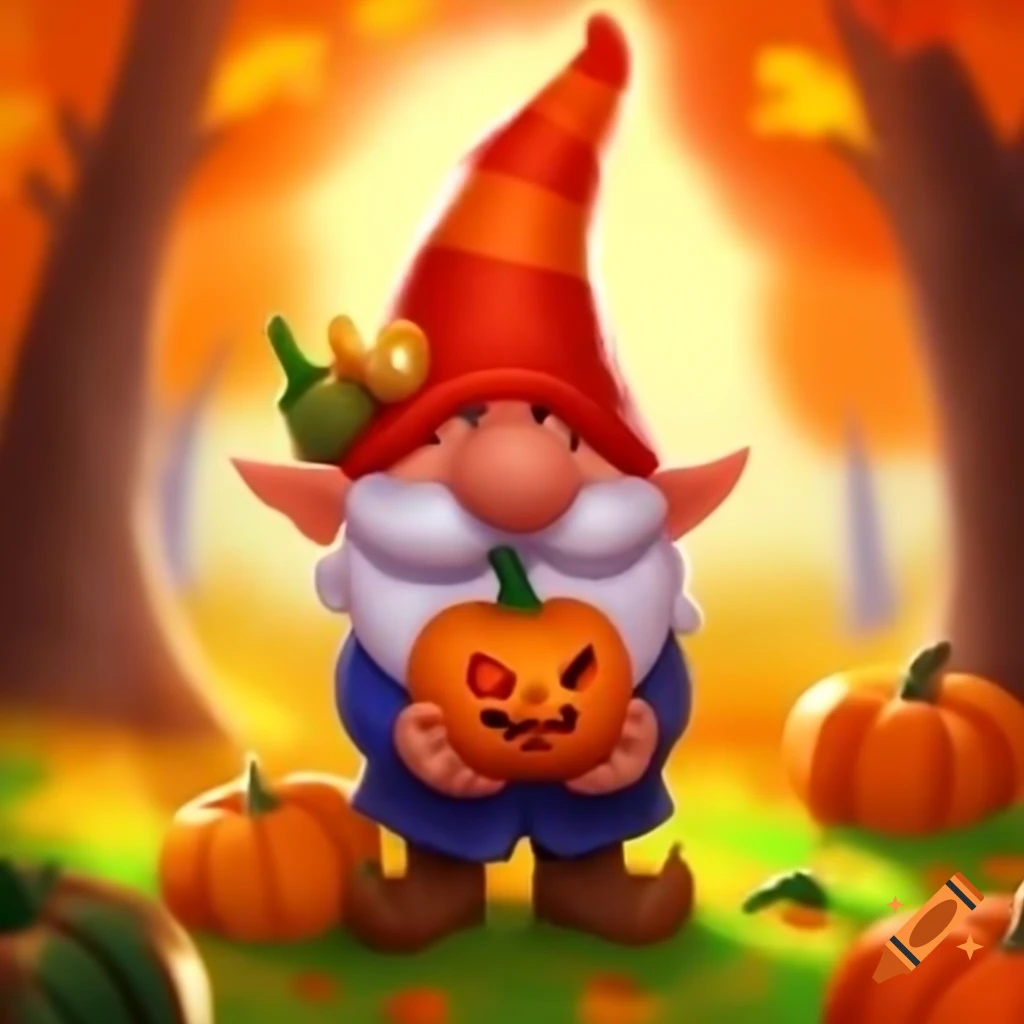 Gnome with hat over eyes holding pumpkin in front of autumn trees, digital art