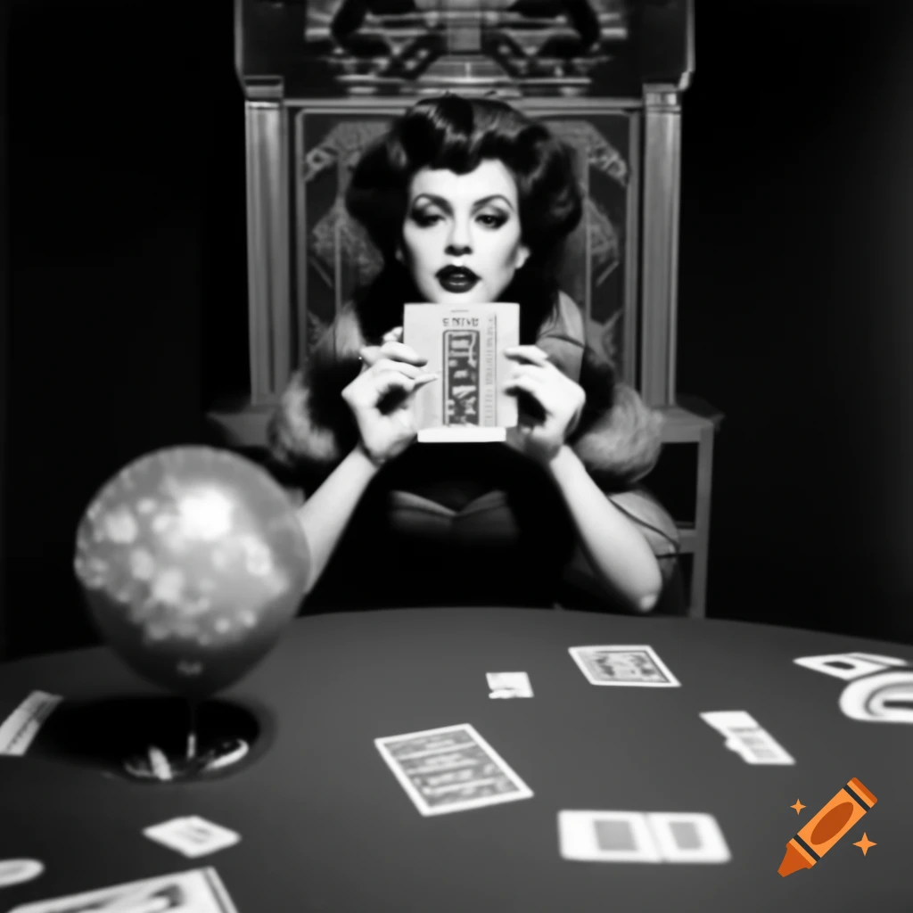 Clara Bow as fortune teller holding tarot card in Zoltar booth with crystal ball