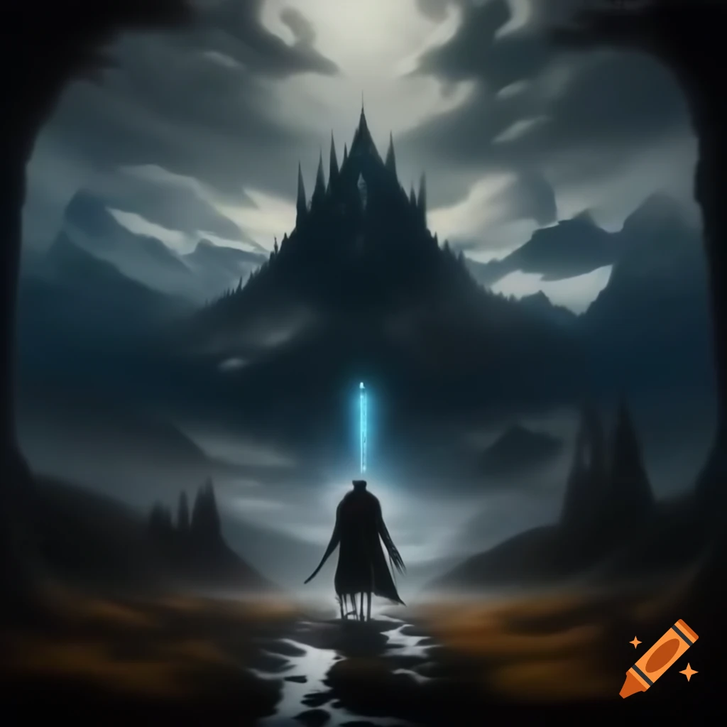 Lone adventurer in dark fantasy landscape with majestic mountains