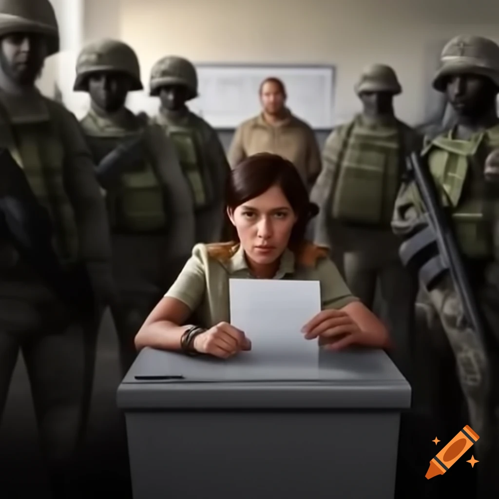 Woman casting her vote surrounded by three armed soldiers