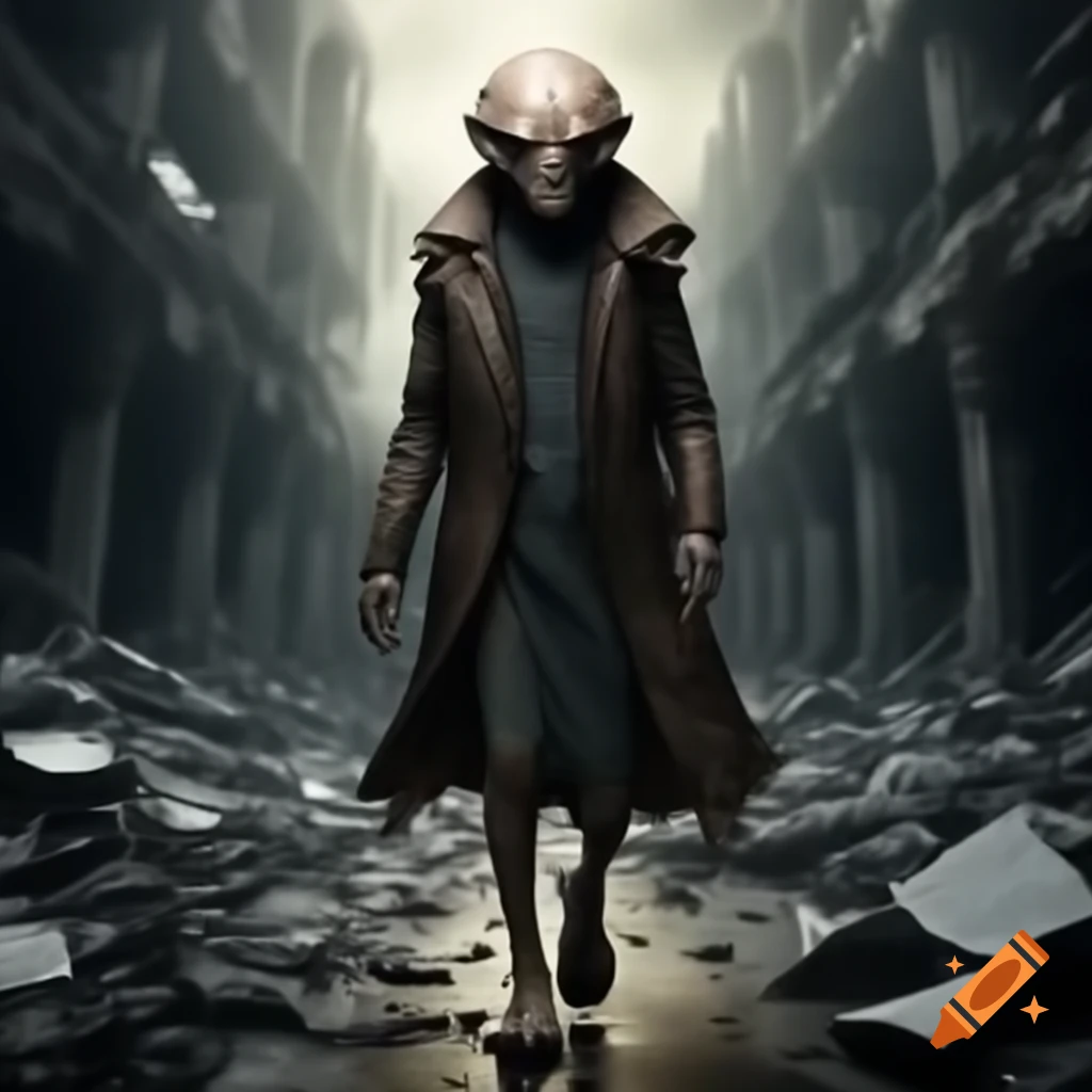 Humanoid alien in casual outfit and expensive shoes walking through ruined skyscraper
