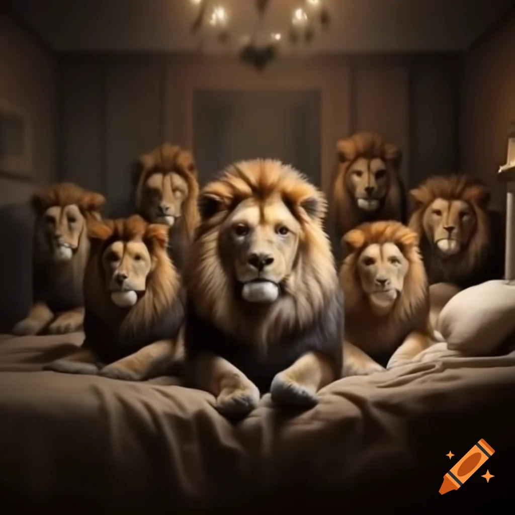 Twenty lions in a large bedroom with five lions on a bed