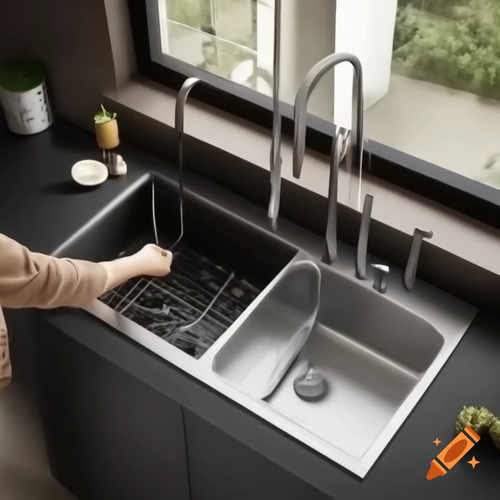 Modern kitchen with clogged sink and person using high-tech plunger